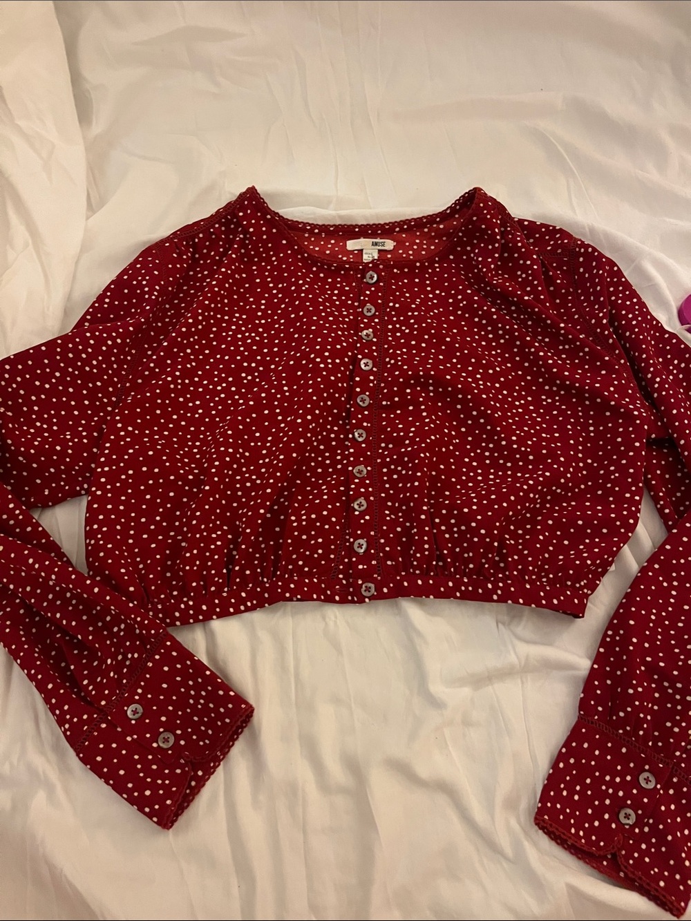 Amuse Society Red Polka Dot Cropped Button-Front Top